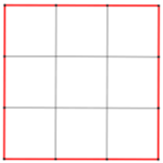 Un quadrato con i lati colorati di rosso, tagliato in nove quadratini, dividendo ciascun lato in tre parti uguali.