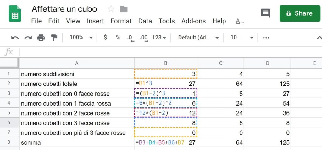 Per un avvio al pensiero computazionale: istruzioni da dare ad un foglio di lavoro per calcolare il numero di cubetti di ciascun tipo - Problema di matematica nell'ambito della geometria 3d e dell'avvio all'algebra