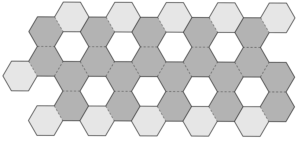 In questo reticolo sono evidenziati con due colori diversi gli esagoni che vanno incollati su altri esagoni.