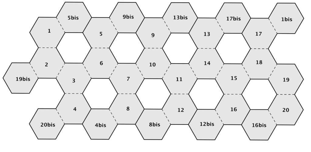 In questo reticolo gli esagoni da incollare uno sull'altro sono indicati con lo stesso numero.